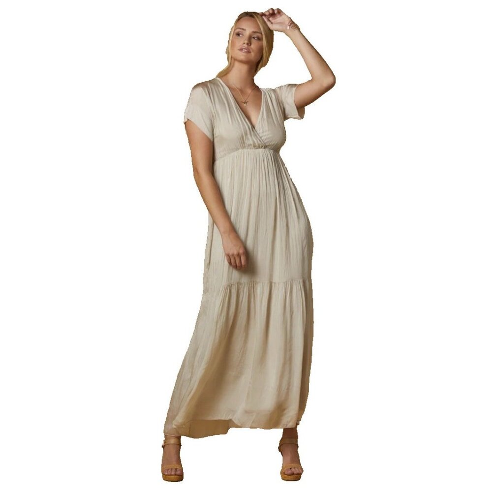Scandal Italy Aruba Silk Midi Dress Sand Beige Short Sleeve Flowy O/S NEW $189
